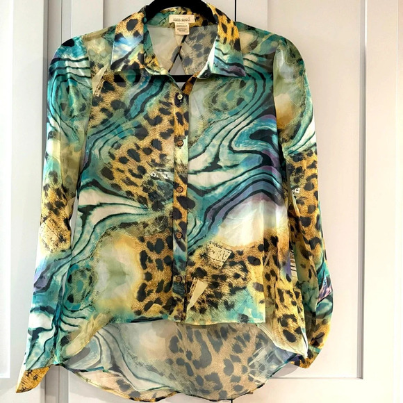 Sans Souci Sheer Button-Up Blouse with Open Back - Picture 1 of 4
